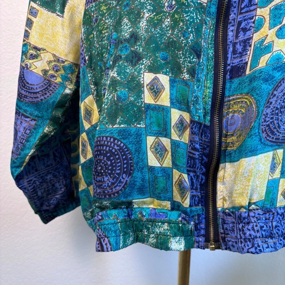 Vintage 80s 100% Silk Abstract Geometric Bomber Jacket Basic Editions Teal Large